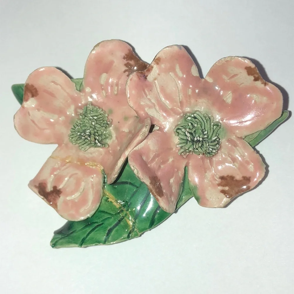 Vintage Pink Floral Ceramic Brooch